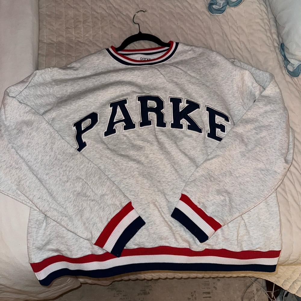 Gray Parke Sweatshirt with Red and Blue Accents